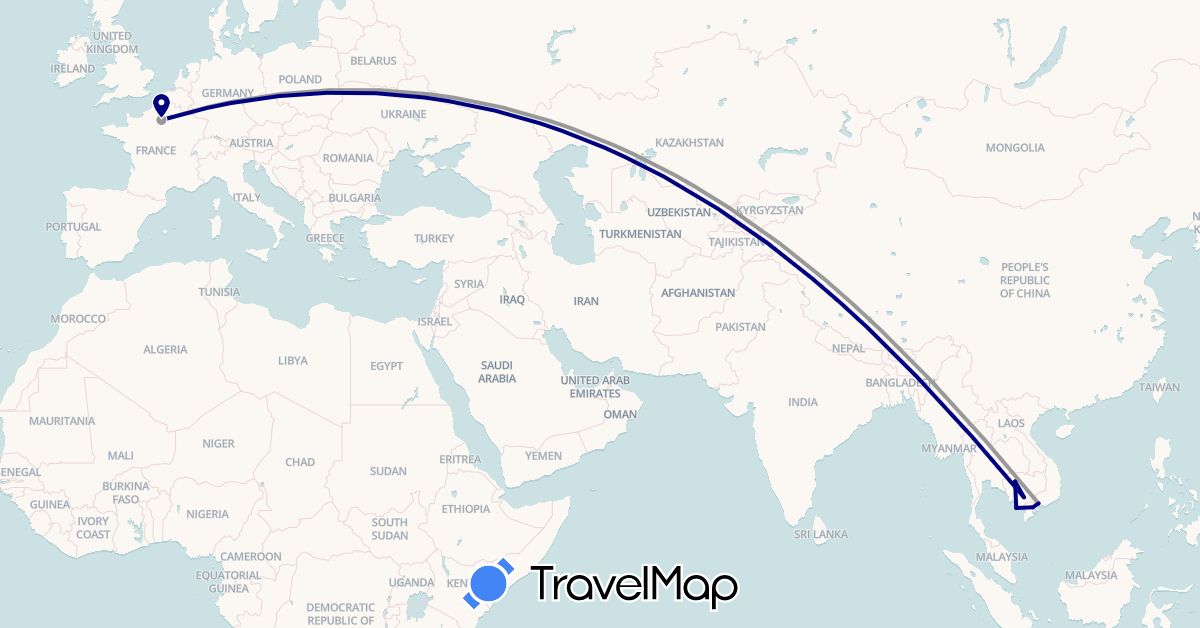 TravelMap itinerary: driving, plane in France, Cambodia, Vietnam (Asia, Europe)